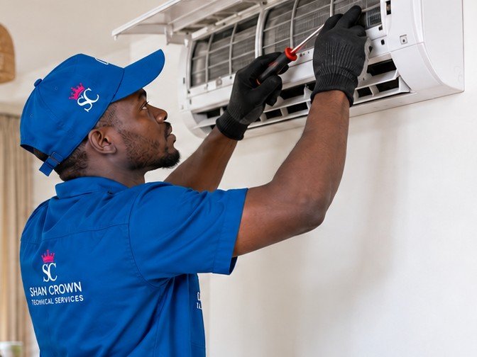 Shan Crown technician servicing a wall-mounted split AC unit