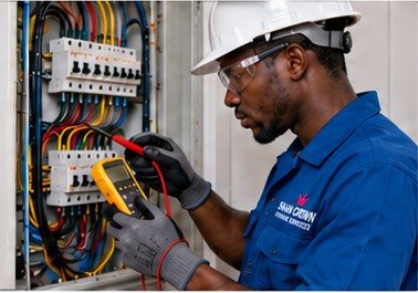 Shan Crown technician testing a distribution board with a multimeter