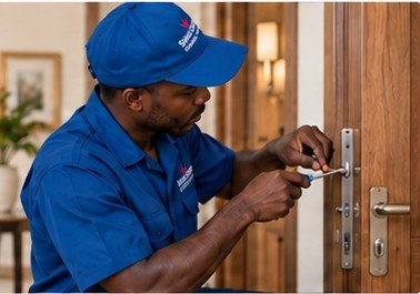Shan Crown technician repairing a door lock